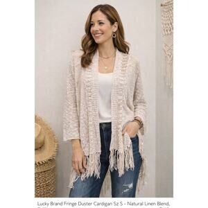 Lucky Brand Fringe Duster Cardigan Small Linen Blend EUC